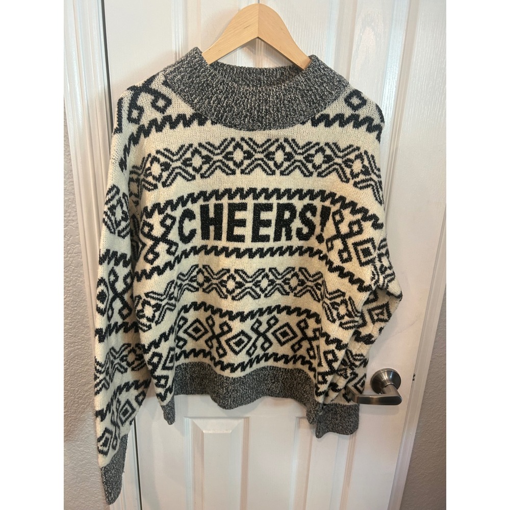 A New Day Sweater Black White Cheers Fair Isle Metallic Knit Holiday Pullover
